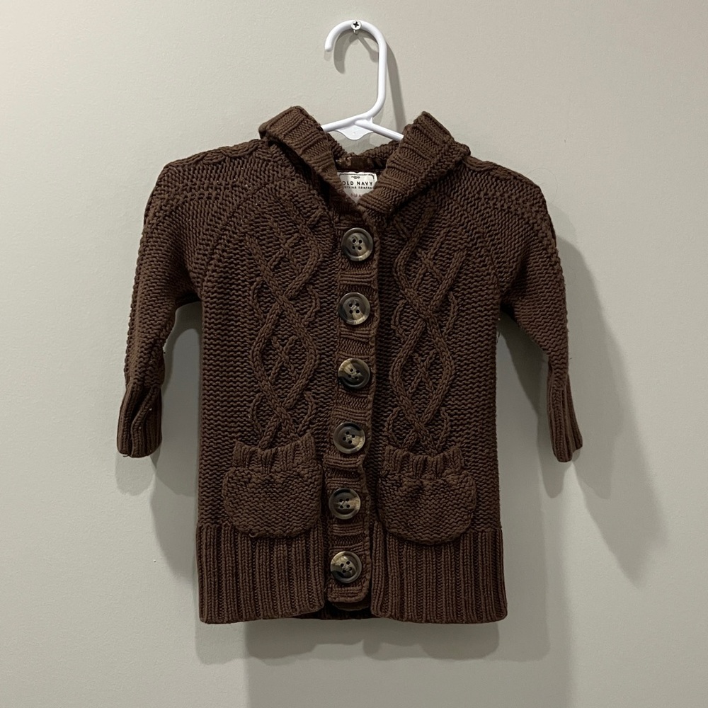 Old Navy Chocolate Brown Kids Cable Knit Hooded Sweater 6-12 Months